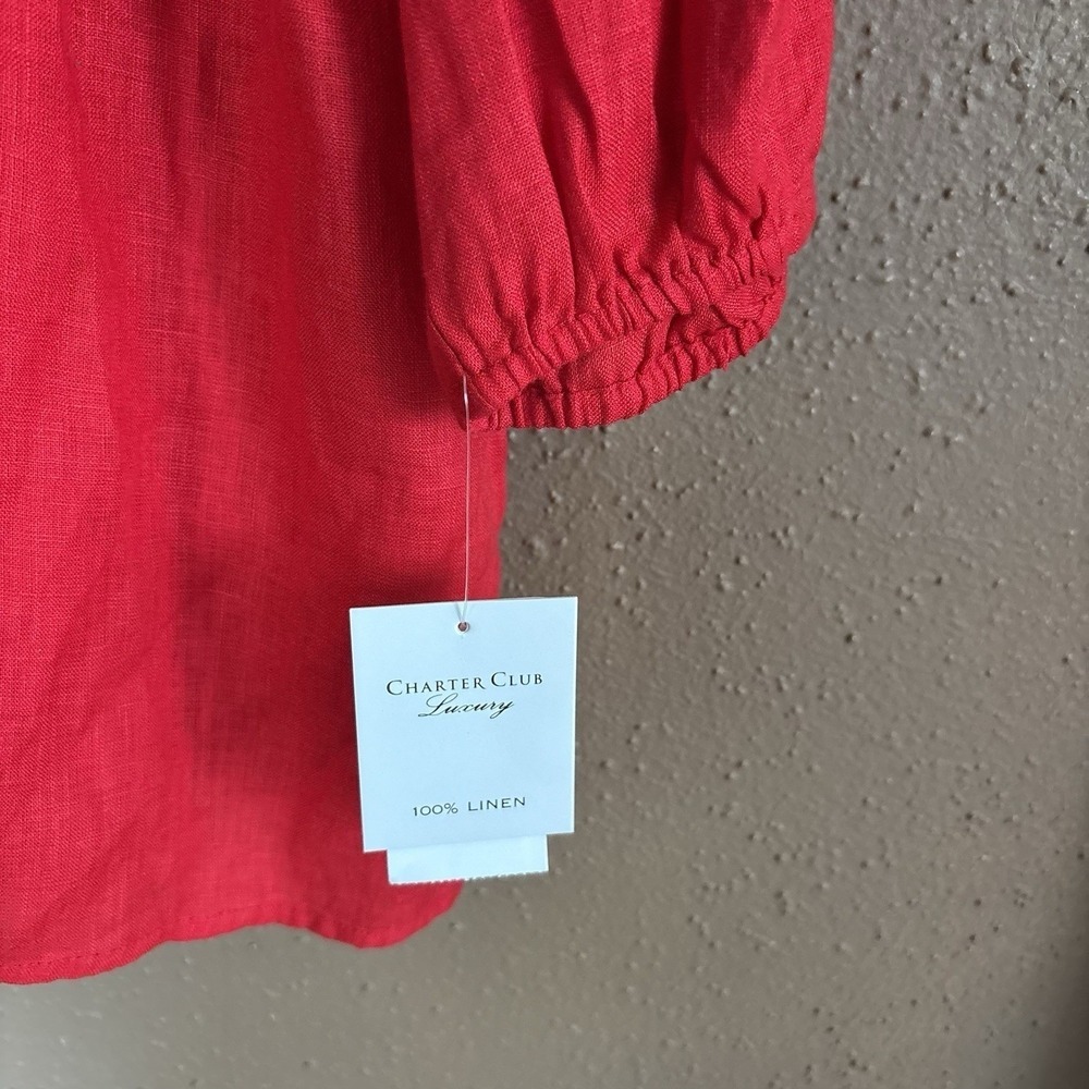 Linen Charter Club Luxury Women's Linen Embroidered 3/4-Sleeve Top Size XL Red - Picture 6 of 9